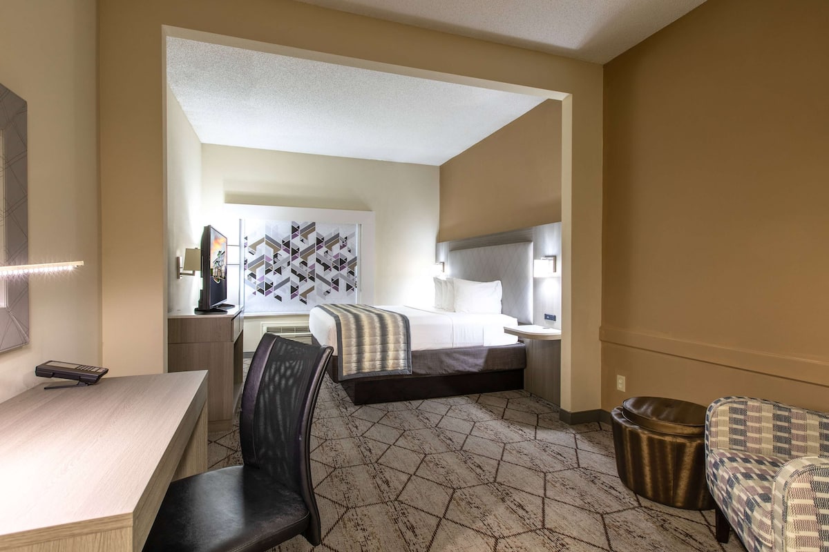 Une chambre d’hôtel comprenant un lit, un bureau, une chaise, un téléviseur et un mur orné de motifs géométriques.