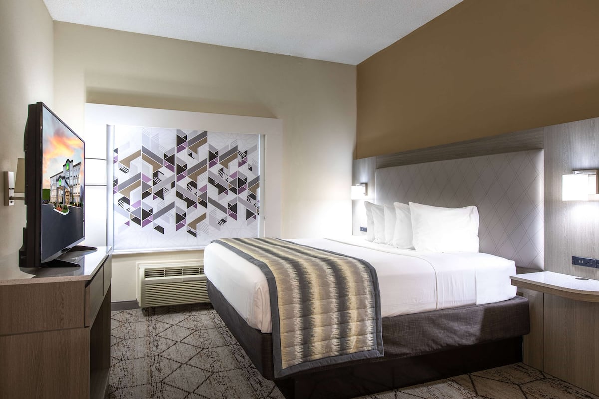 Une chambre d’hôtel avec un lit, un téléviseur posé sur un meuble, un mur orné d’œuvres d’art géométriques et un tapis à motifs.