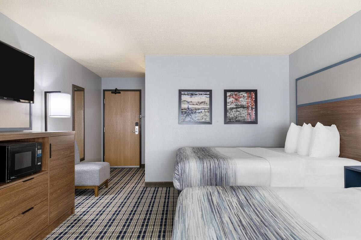 A hotel room with a bed, a TV, a microwave, a chair, and two framed pictures on the wall.
