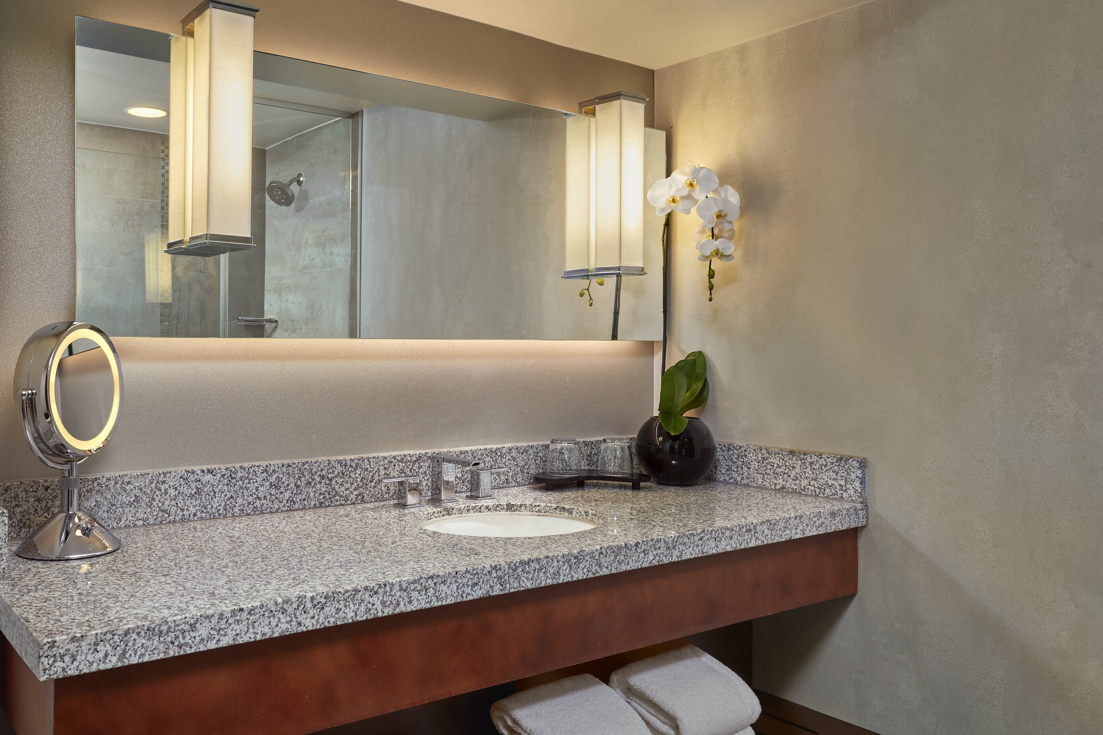 A bathroom with a granite countertop, a white sink, a mirror with a gold frame, a black vase with a plant, and a wall-mounted light fixture.