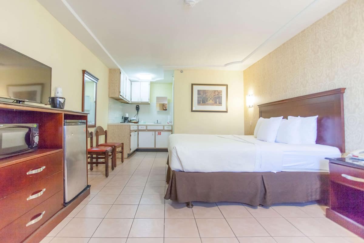 Une chambre d’hôtel comprenant un lit, un bureau avec un micro-ondes, un réfrigérateur, une chaise, un petit coin cuisine et un tableau encadré au mur.