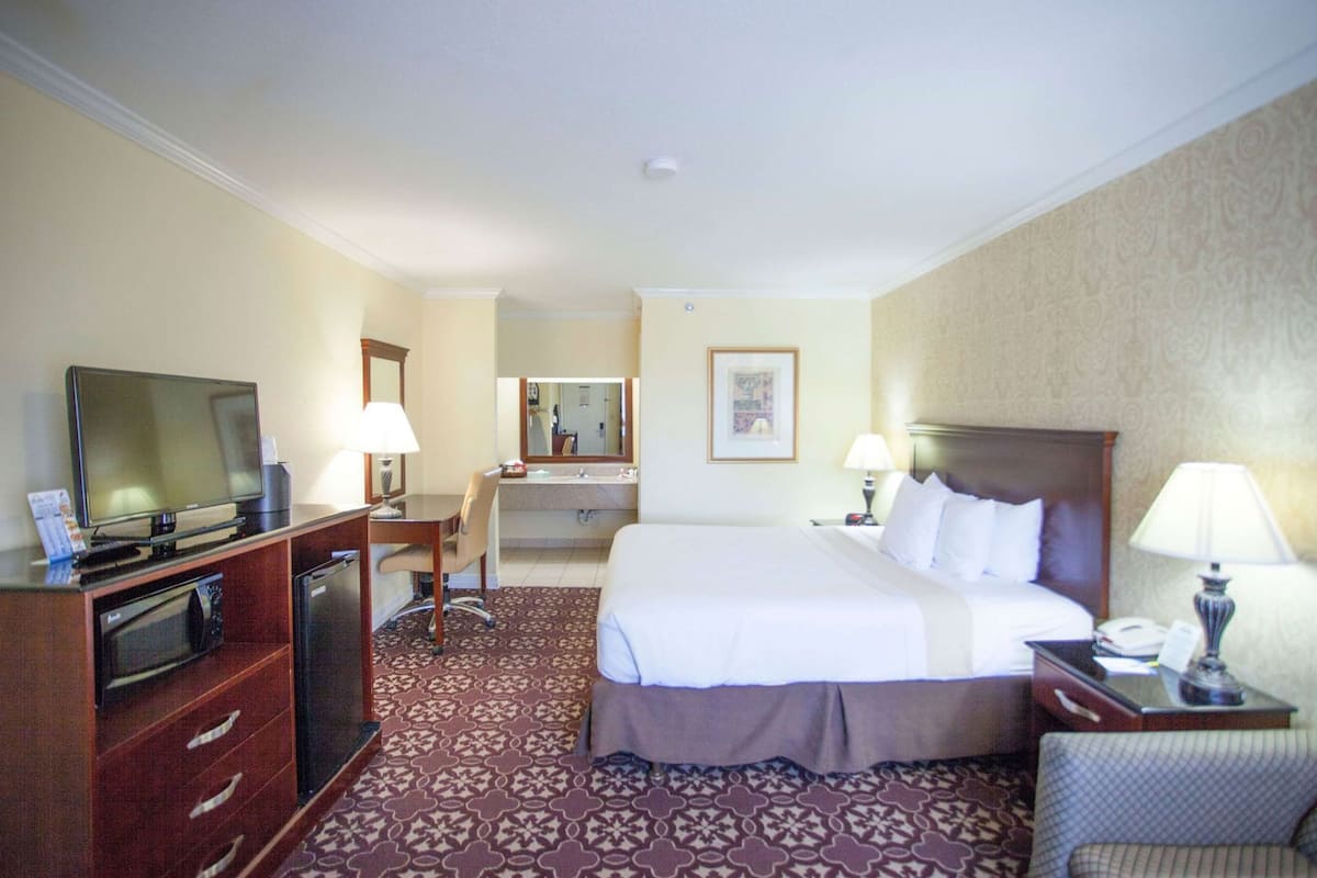 Une chambre d’hôtel équipée d’un lit, d’un bureau, d’une télévision et d’une salle de bain.