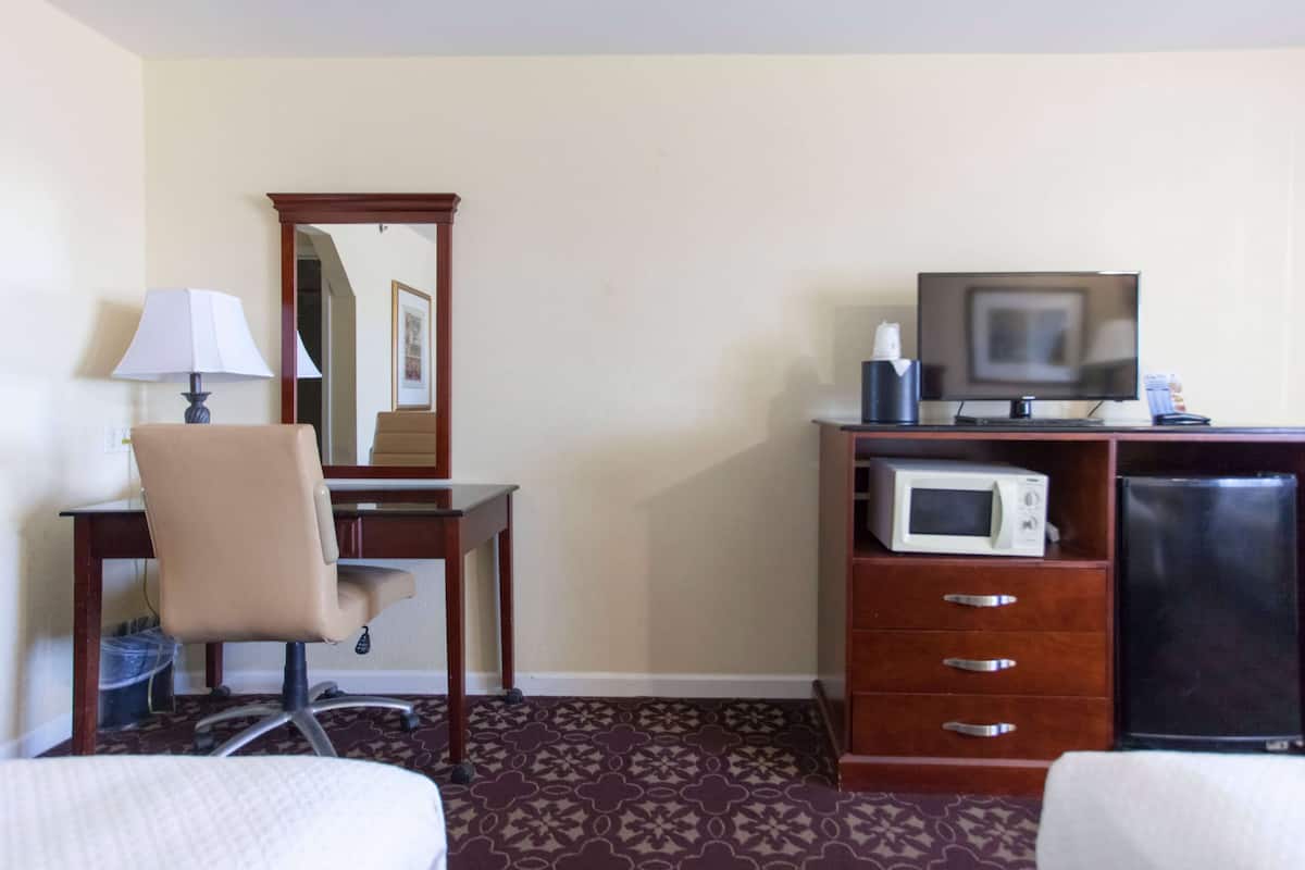 Une chambre d’hôtel équipée d’un bureau, d’une chaise, d’une télévision, d’un four à micro-ondes, d’un réfrigérateur et d’une moquette à motifs.