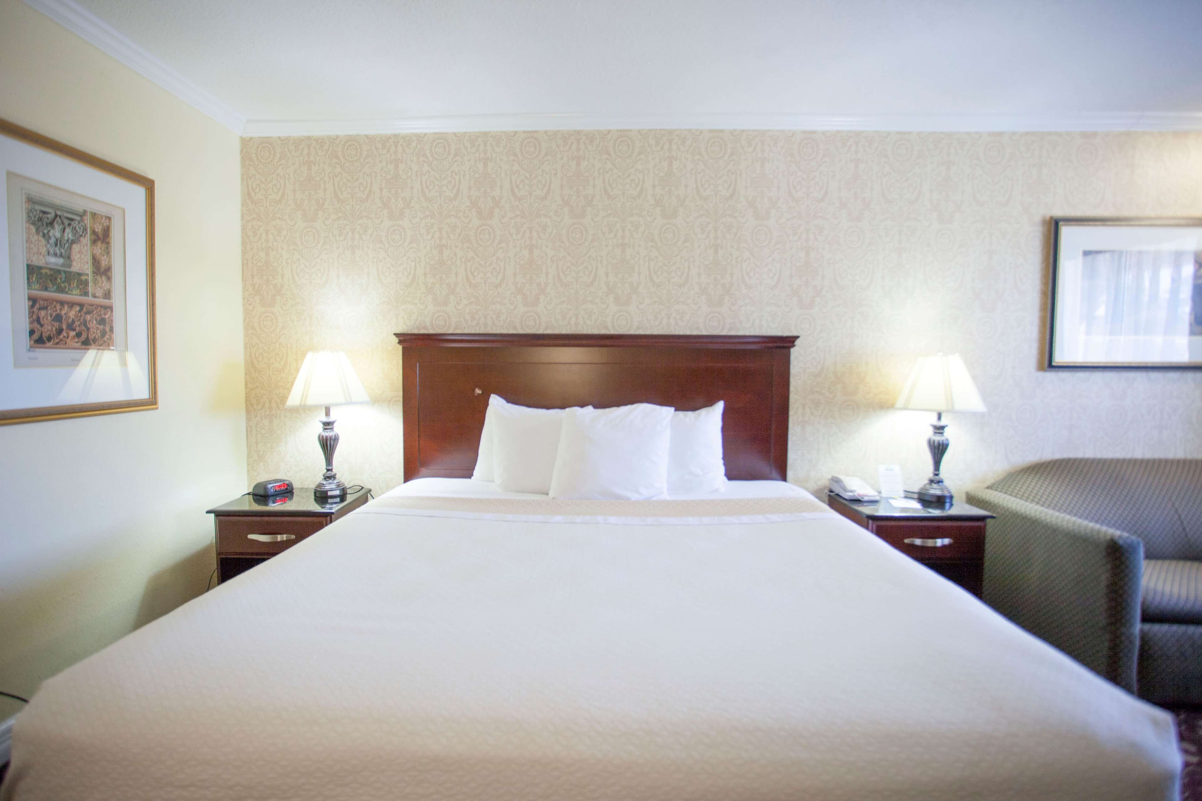 A hotel room with a large bed, two bedside tables with lamps, a chair, and a framed picture on the wall.