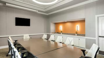 A conference room with a long table, white mesh chairs, a flat-screen TV, and two wall-mounted lights.