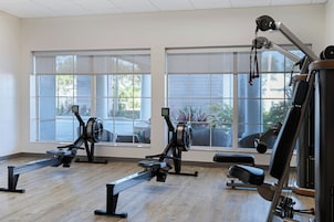 Un gimnasio con máquinas de remo y una bicicleta estática, grandes ventanales con vistas al exterior.