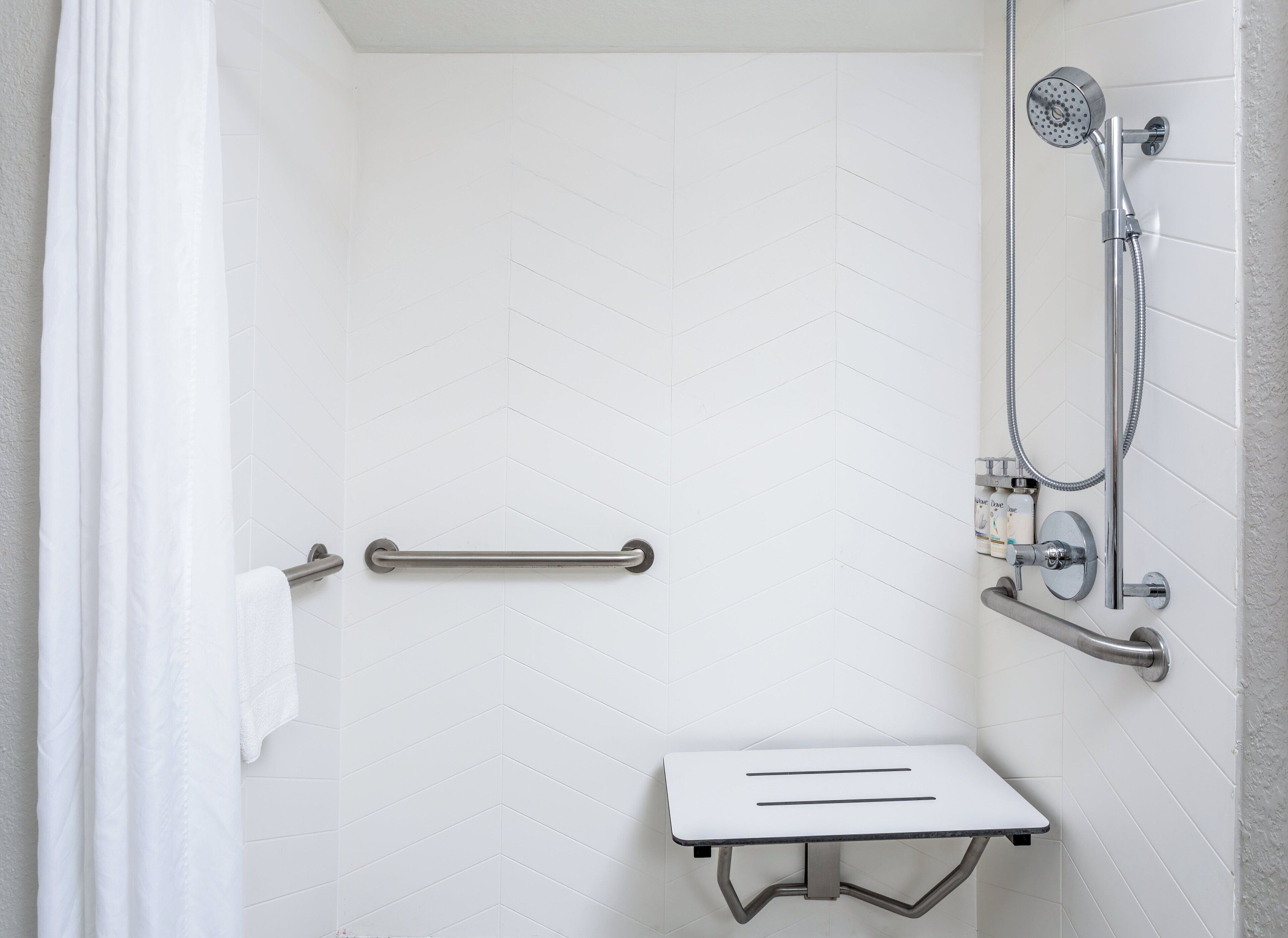 Un espace douche équipé d’un pommeau de douche à main, d’un flexible de douche et d’une barre d’appui.