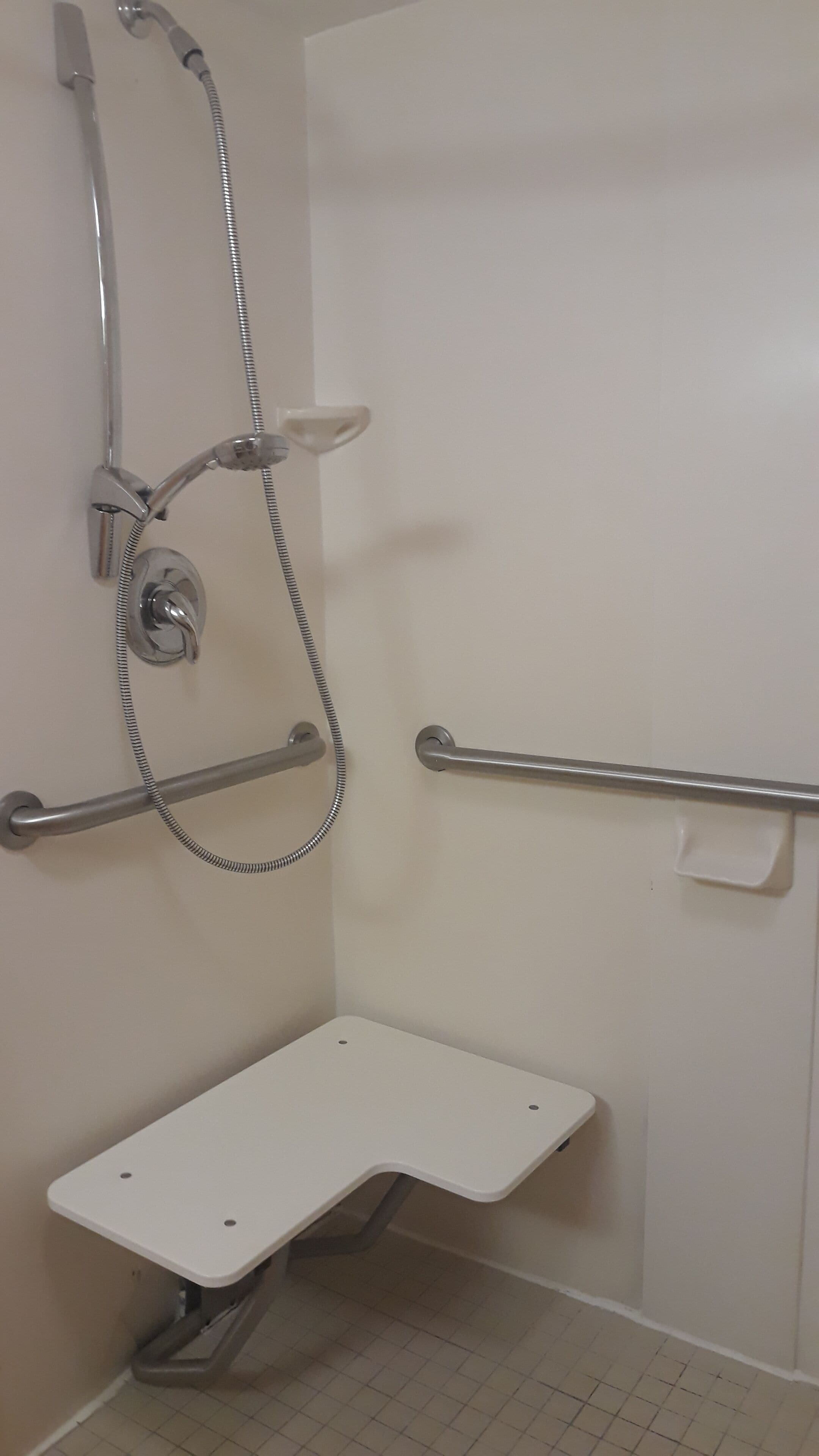 Un baño con ducha, barras de apoyo y un lavamanos blanco.