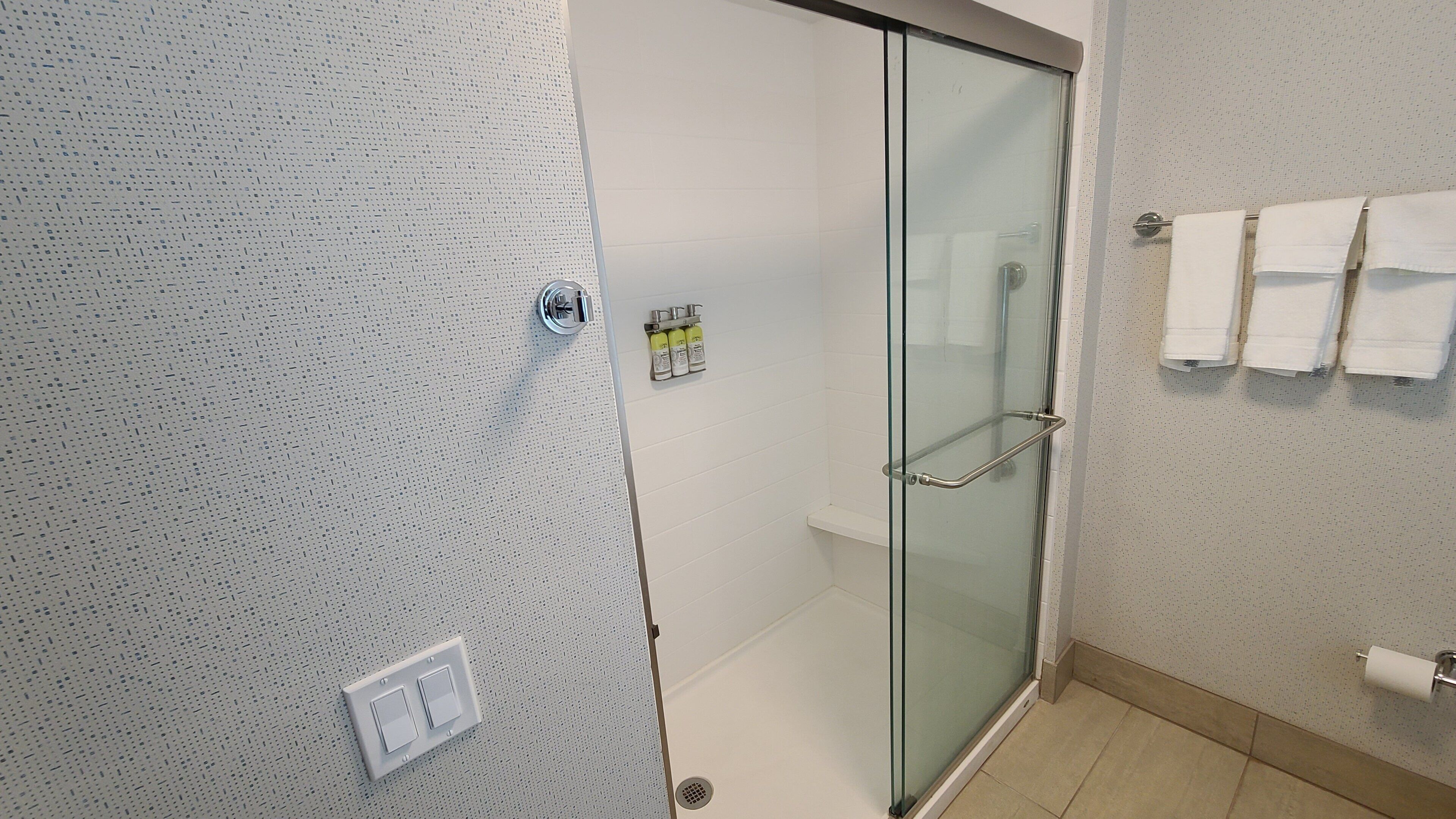 Un baño con mampara de vidrio, un perchero con toallas y un dispensador de papel higiénico.