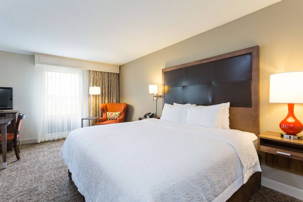Habitación de hotel con una cama grande, un escritorio con silla, un televisor y dos lámparas de noche.