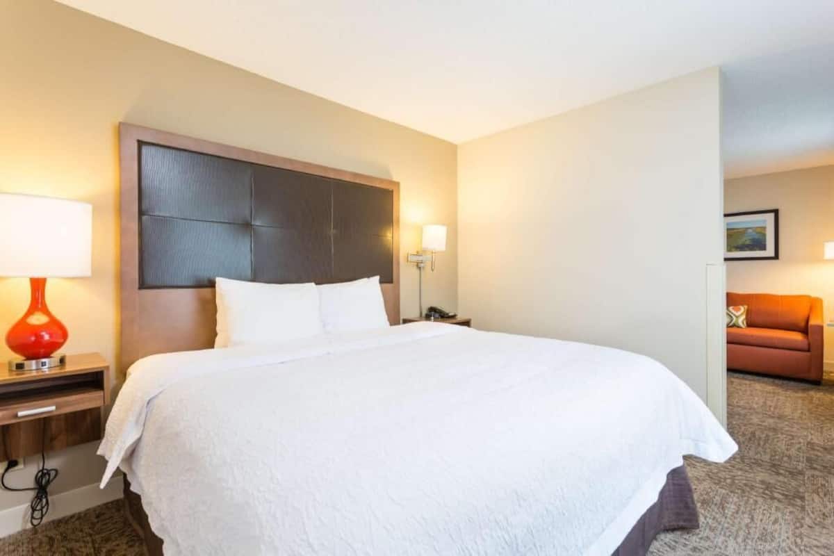 Habitación de hotel con una cama grande, una mesita de noche con lámpara, un sofá y un cuadro en la pared.