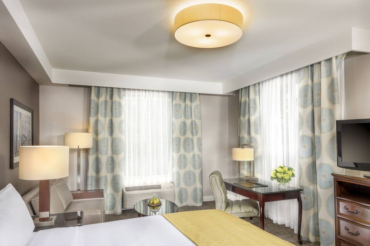 Habitación de hotel con cama, mesitas de noche, escritorio, silla, televisor y ventana con cortinas.