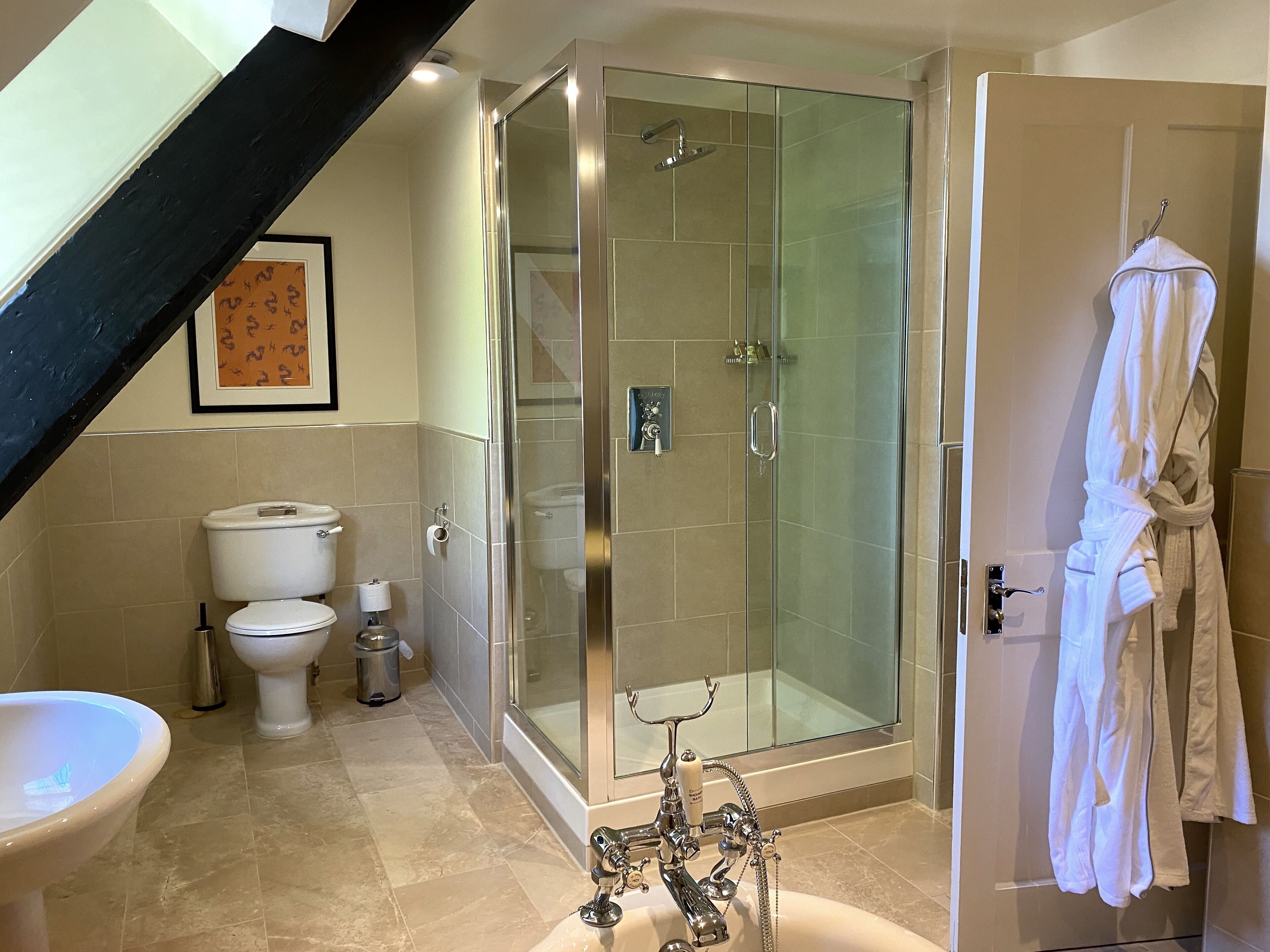 classic double room | bathroom | designer toiletries, hair dryer, bathrobes, slippers