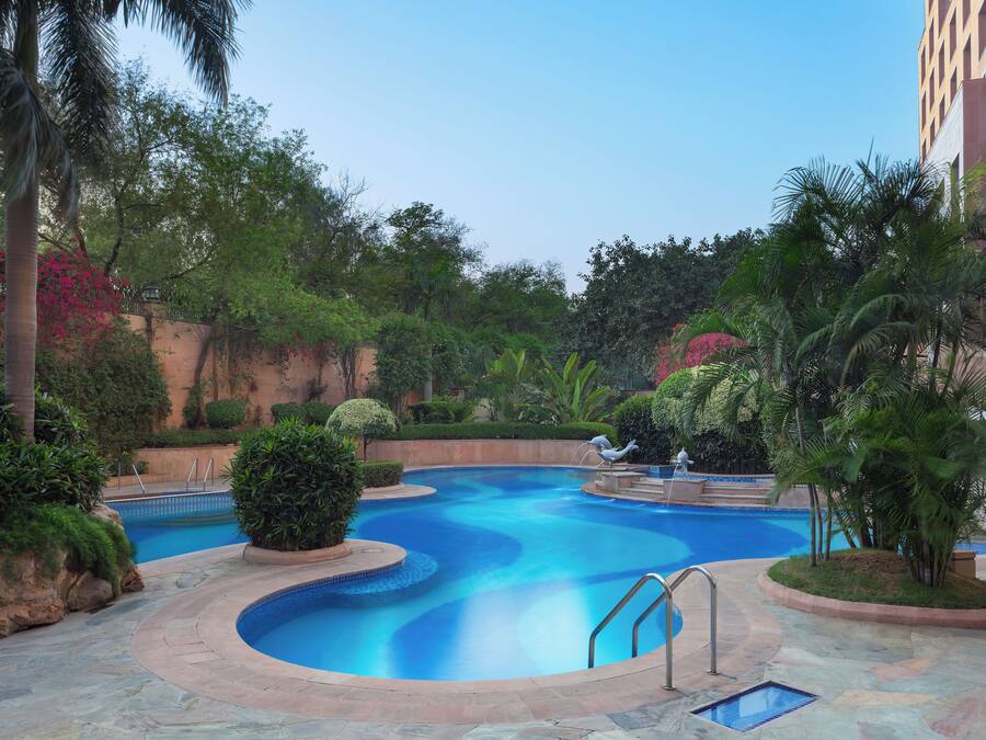 Ein Pool mit kreisförmigem Design, umgeben von Palmen und anderer Vegetation.