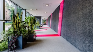 A modern hallway with potted plants, a red carpet, and large windows. - Wyspianski Hotel (Kraków)