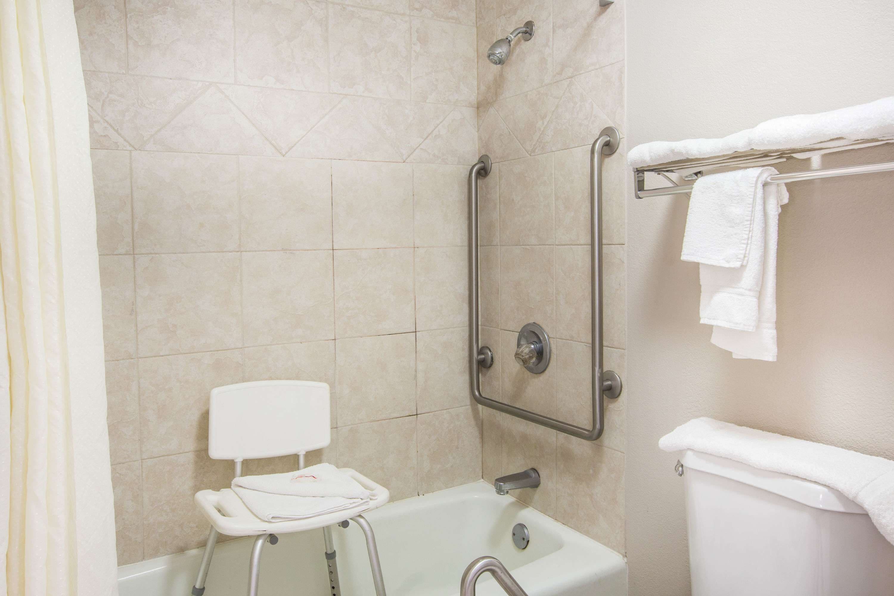 A bathroom with a shower, a toilet, and a grab bar.