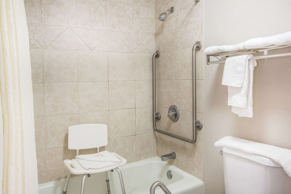 A bathroom with a shower, a toilet, and a grab bar.