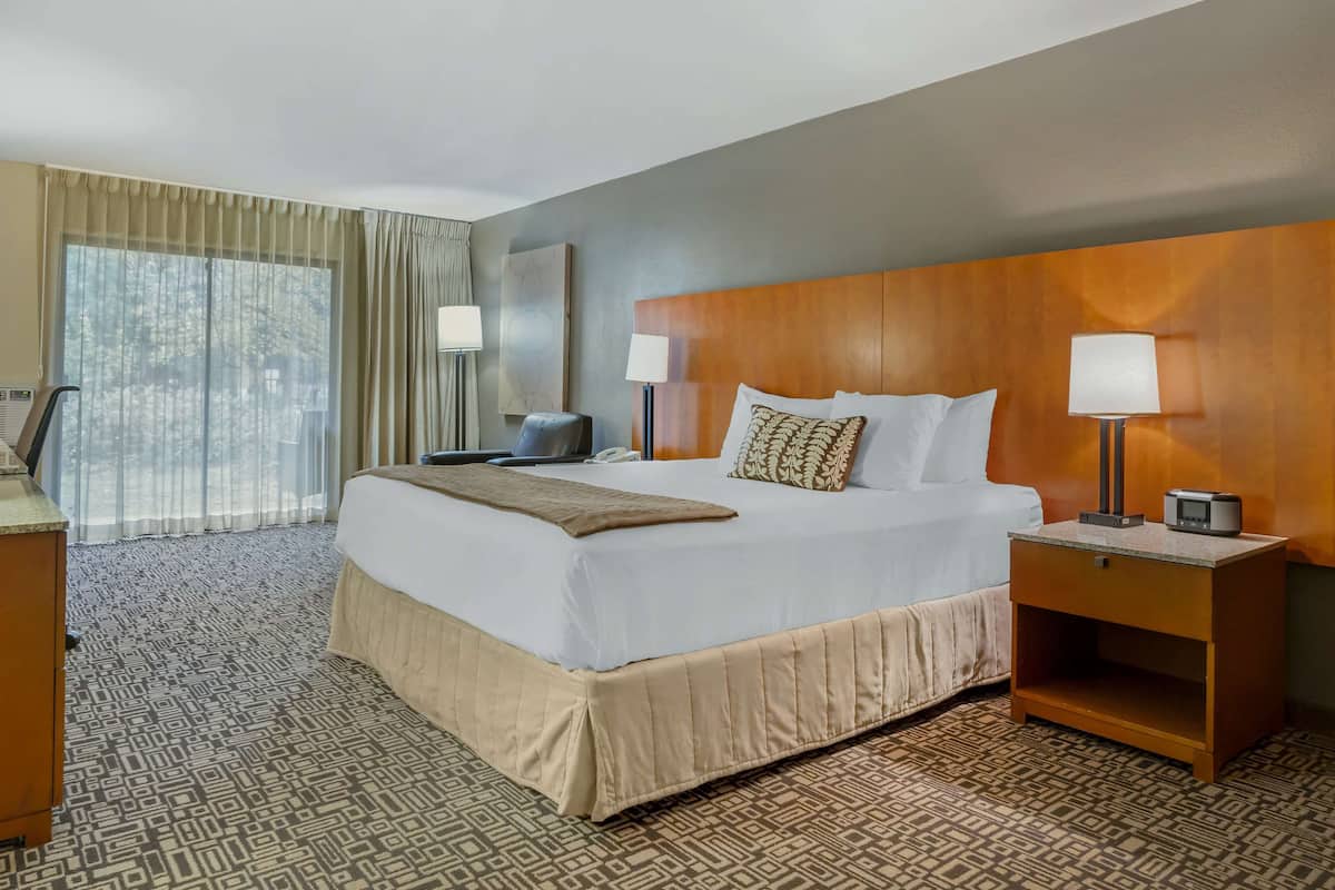 A hotel room with a large bed, two bedside tables, a desk, and a chair.