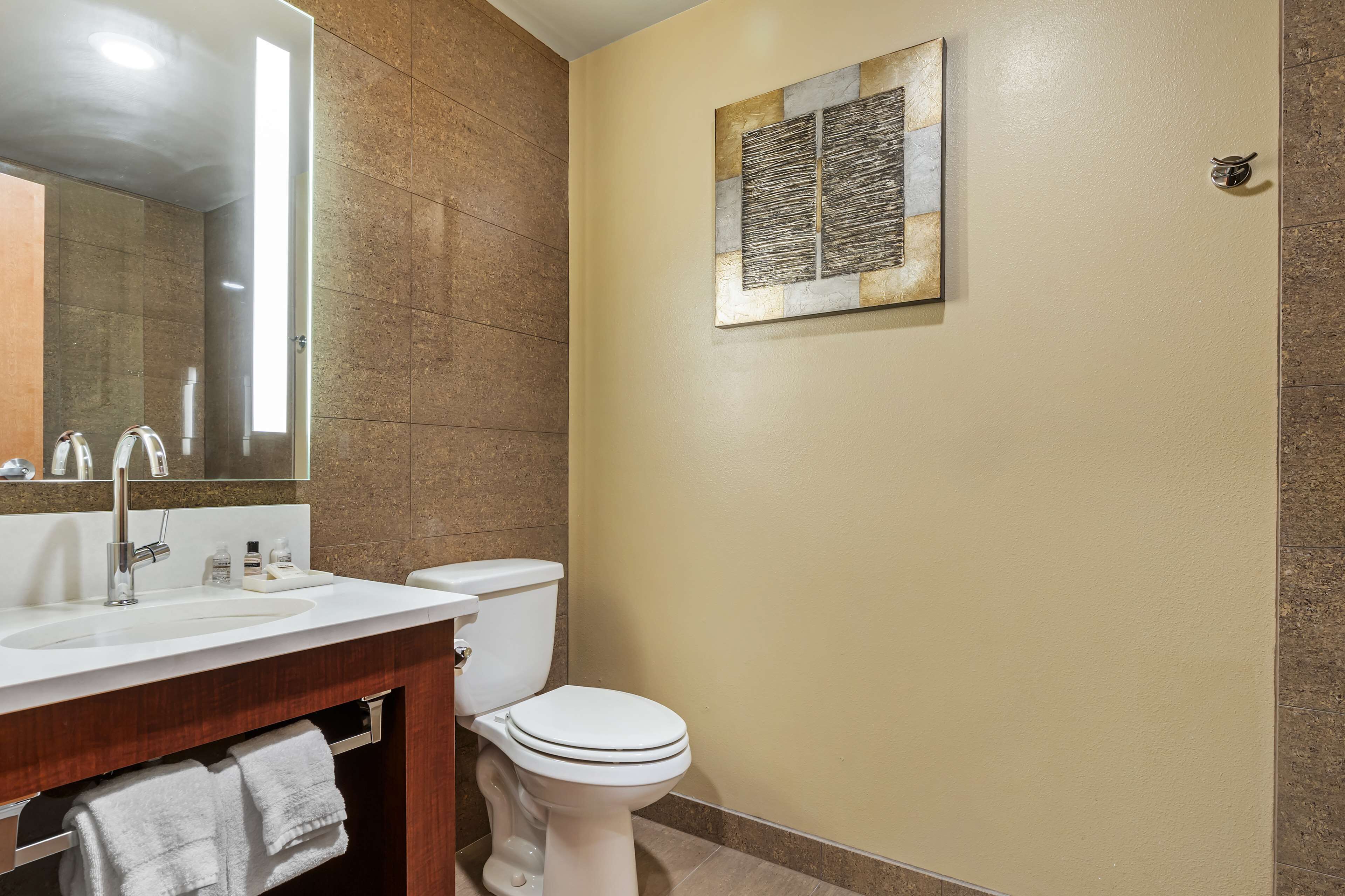 Een badkamer met een wit wastafelmeubel, spiegel en toilet. Er is een handdoekrek met handdoeken en een lijst met een kunstwerk aan de muur.