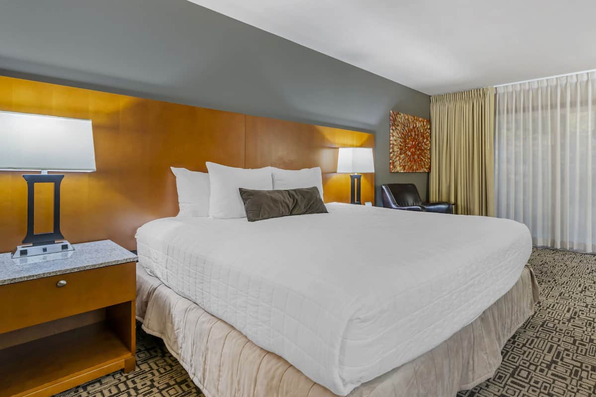 A hotel room with a large bed, two bedside tables with lamps, a chair, and a patterned carpet.
