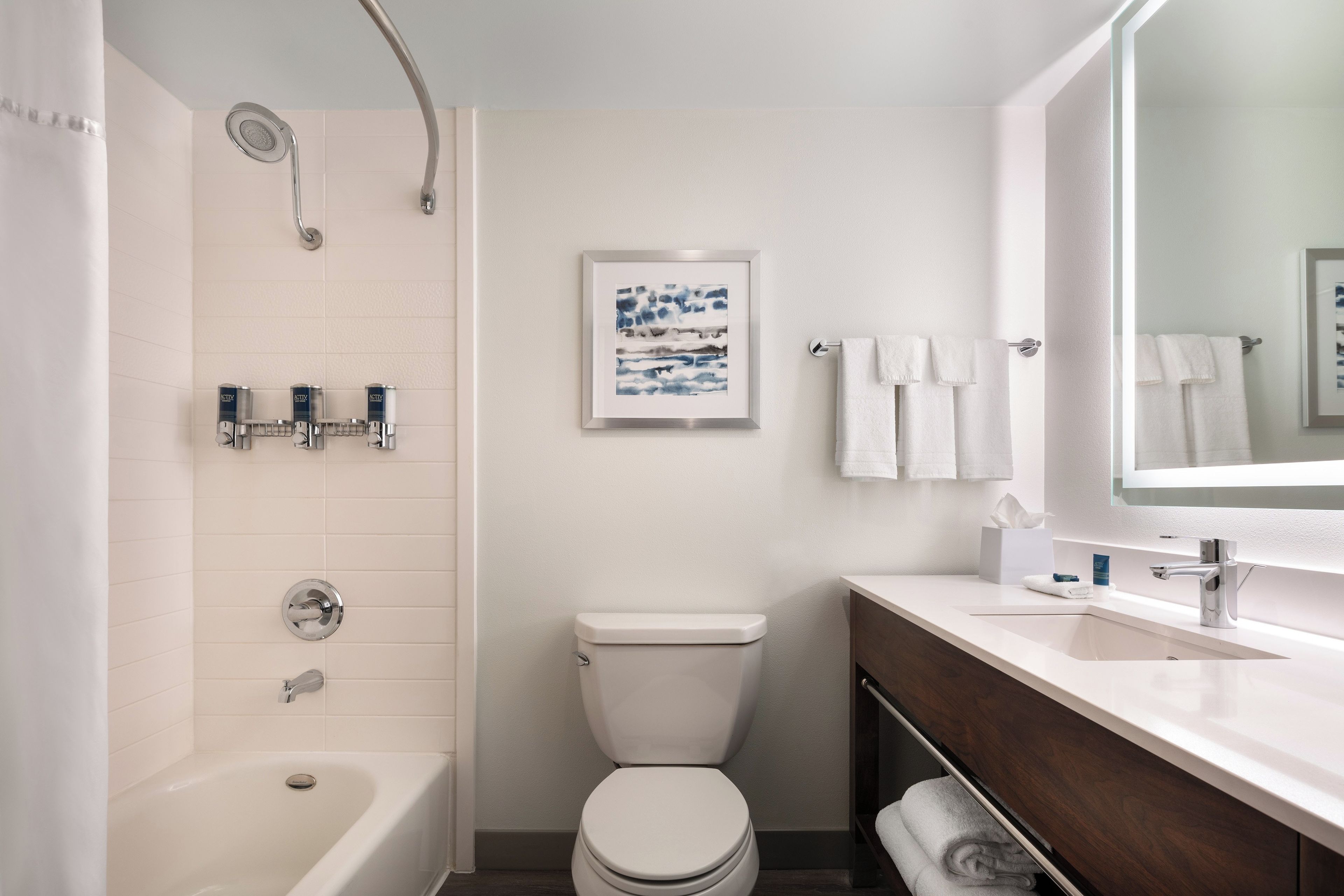Un baño moderno con bañera, inodoro y tocador.