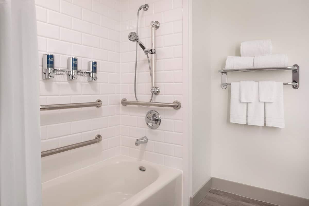 Combined shower/bathtub, free toiletries, hair dryer, towels