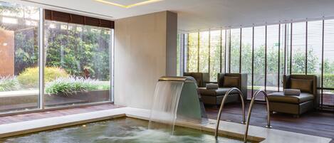 Indoor pool, outdoor pool, sun loungers