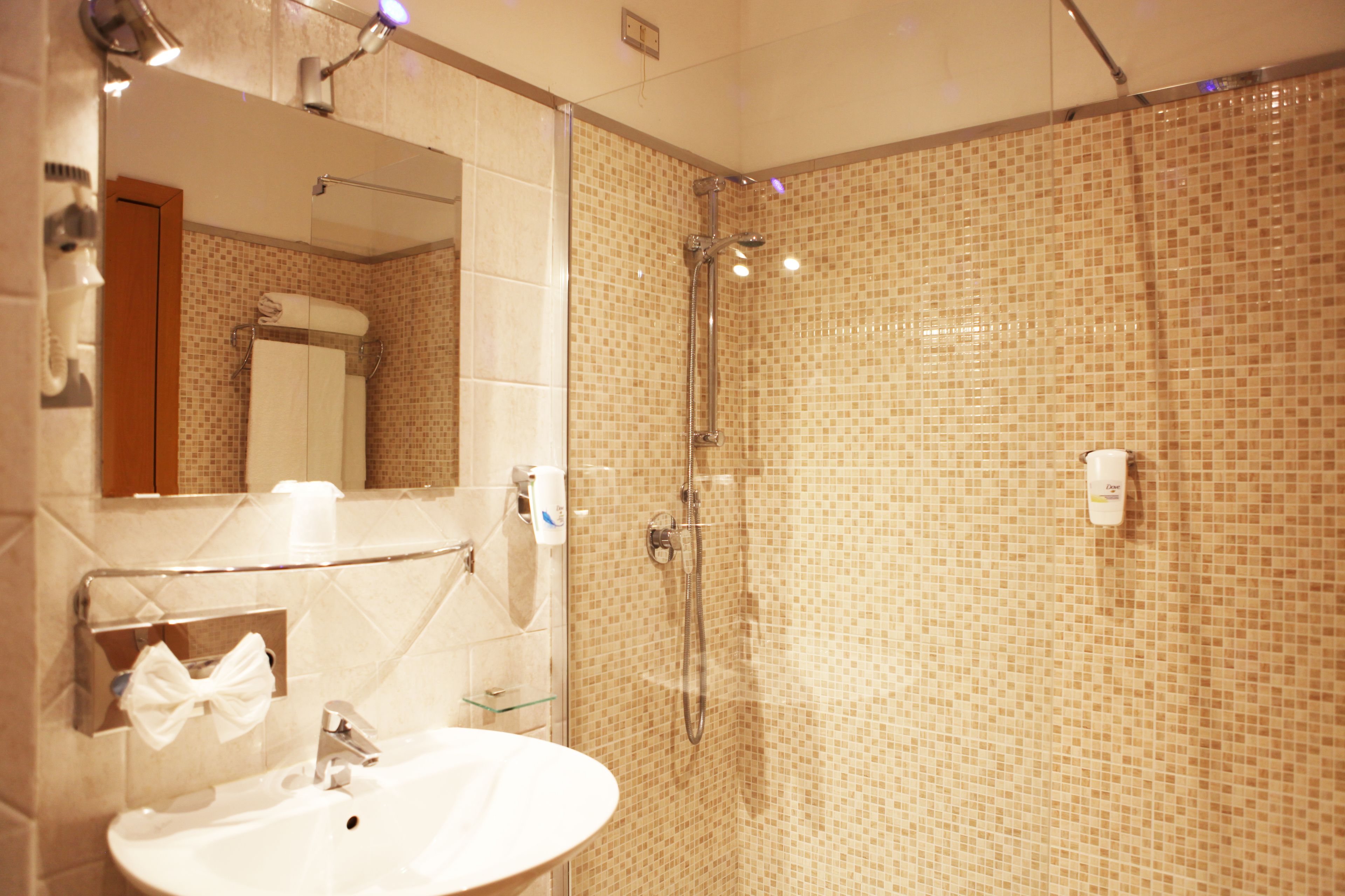 A bathroom with a glass-enclosed shower, a sink with a towel holder, and a mirror.