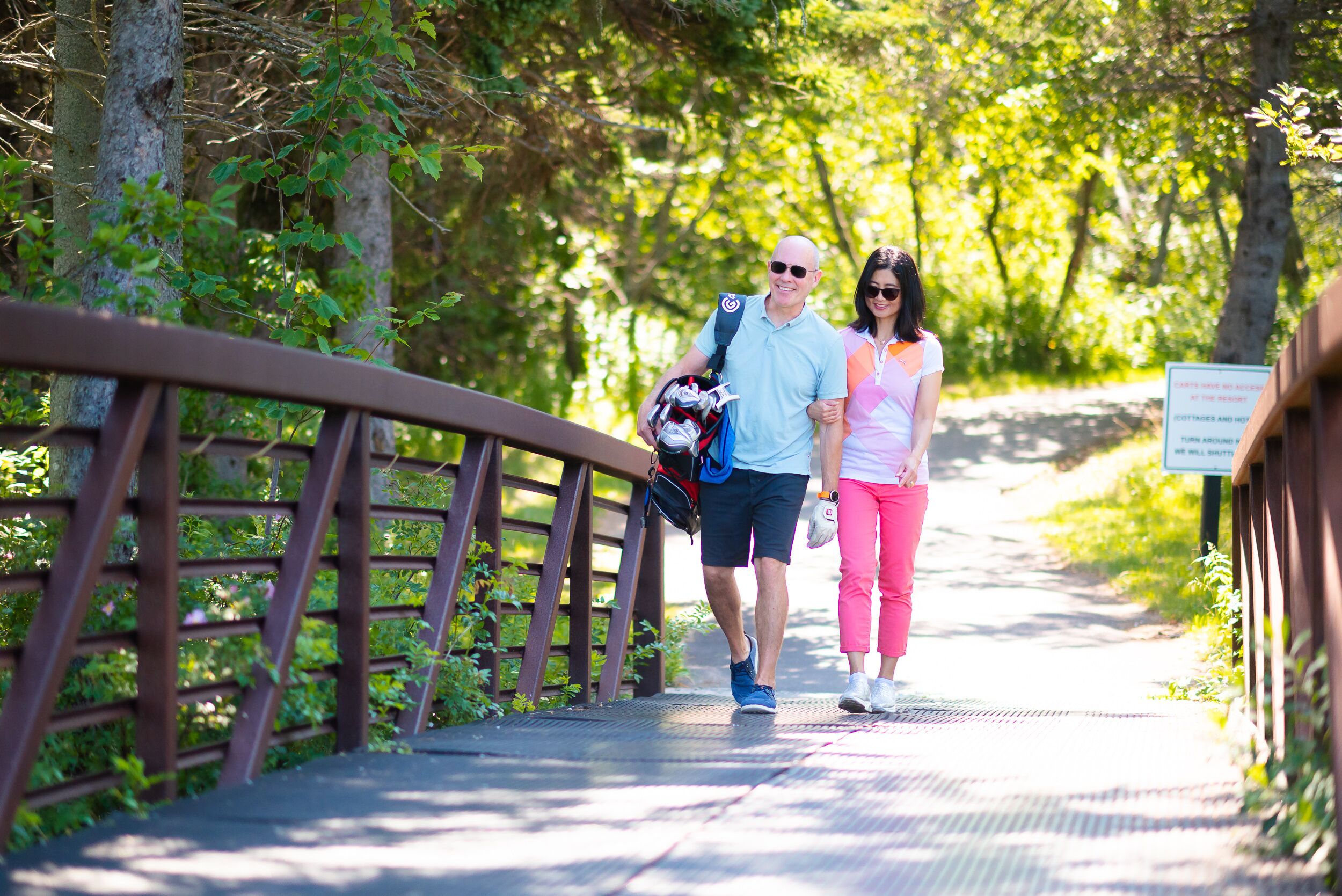 A wooden bridge with metal railings, surrounded by greenery.