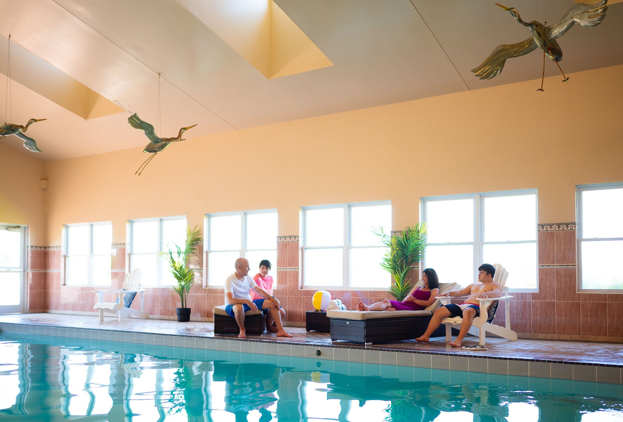 indoor pool, pool loungers