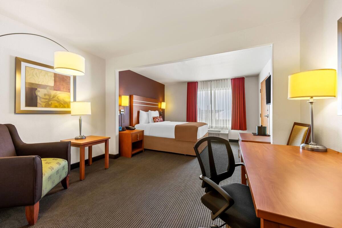 A hotel room with a bed, a desk, a chair, a sofa, and a lamp.