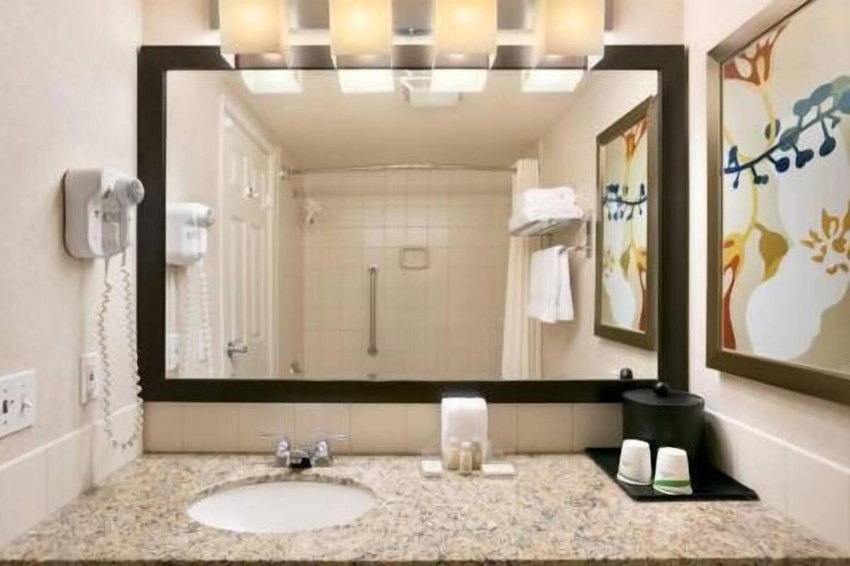 A hotel bathroom with a sink, mirror, towel rack, and a telephone.