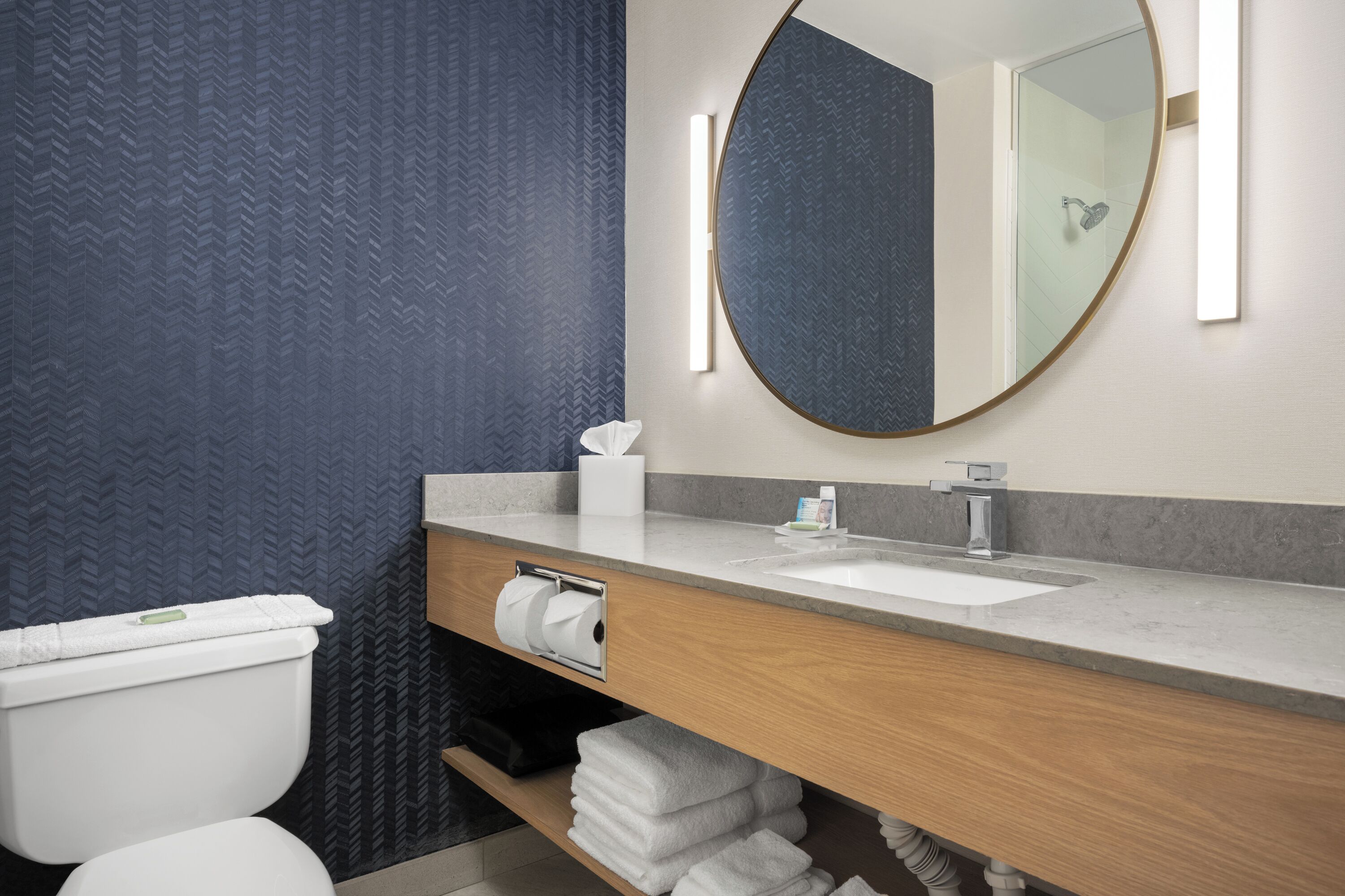Une salle de bain moderne avec des toilettes, un lavabo et un miroir.