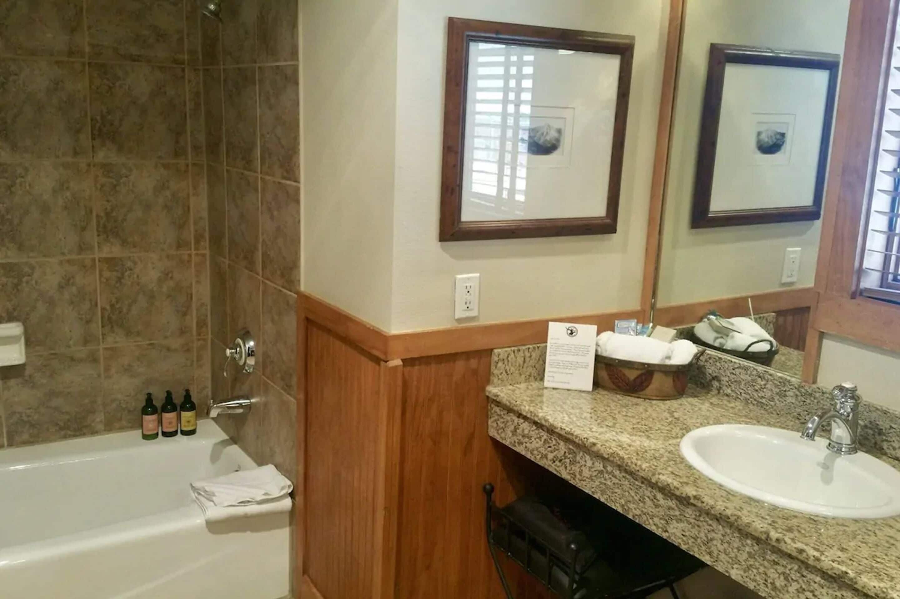 combined shower/bathtub, designer toiletries, hair dryer, bathrobes