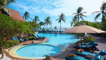 Outdoor pool, pool umbrellas, pool loungers