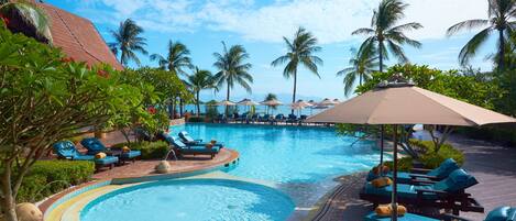 Outdoor pool, pool umbrellas, pool loungers