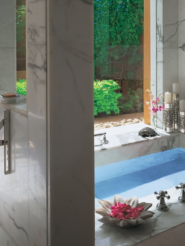 Separate tub and shower, deep soaking tub, designer toiletries