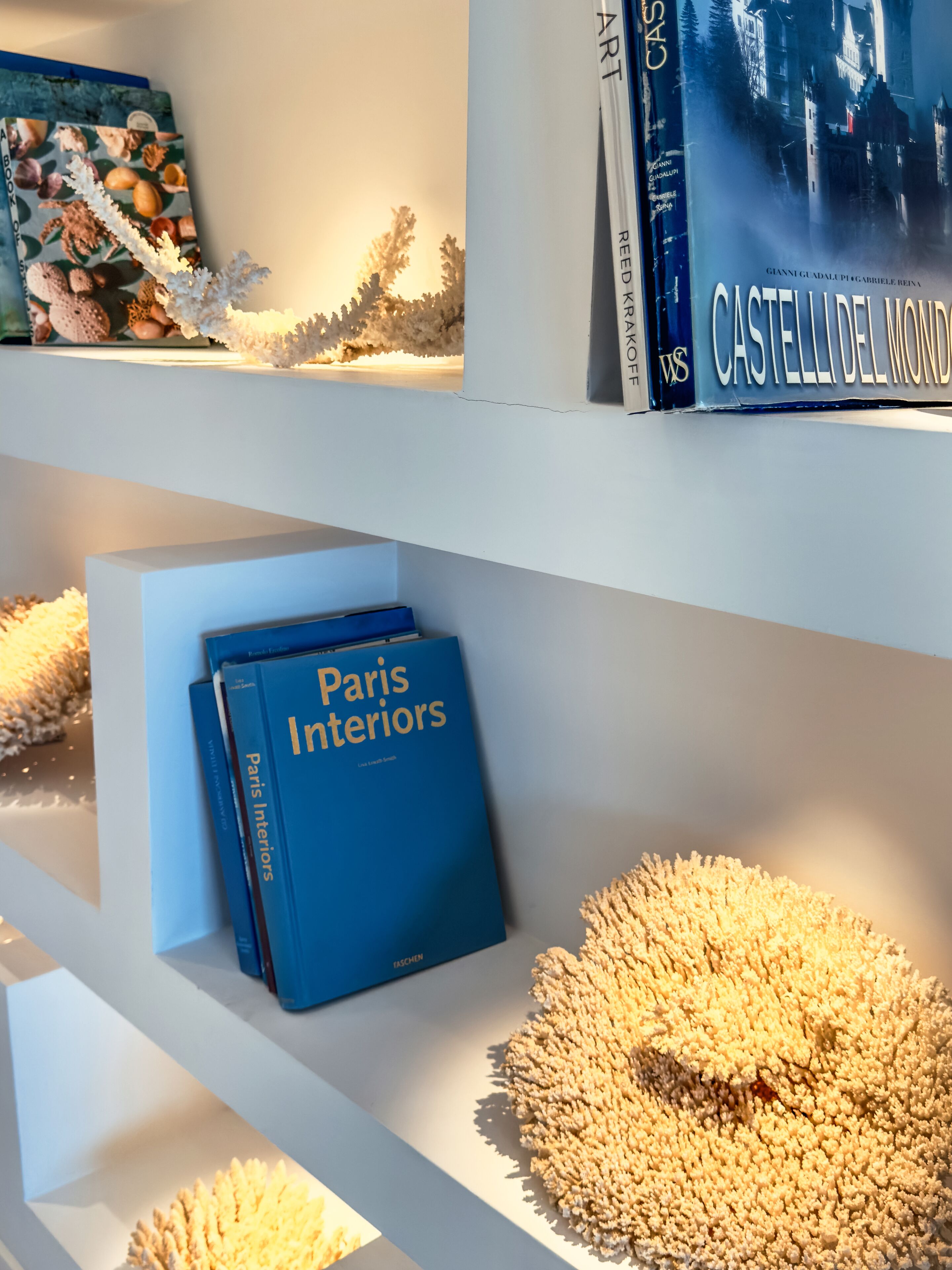 A bookshelf with books and decorative objects.