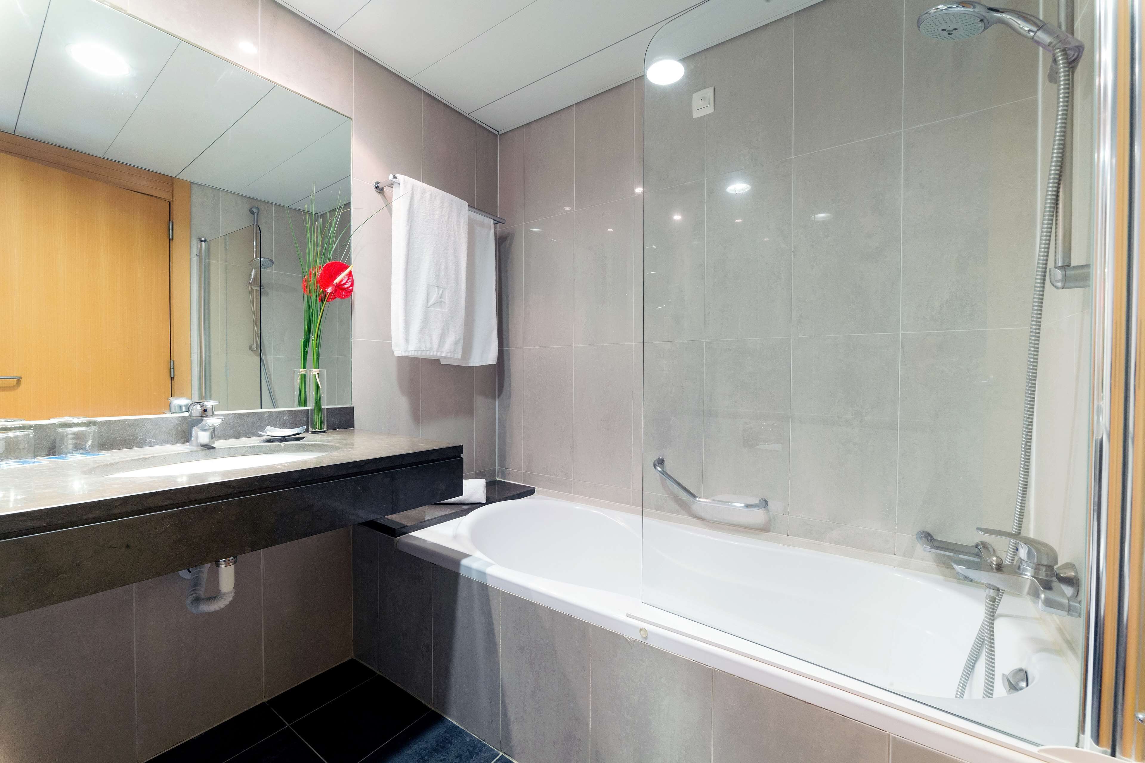 combined shower/bathtub, free toiletries, hair dryer, bidet