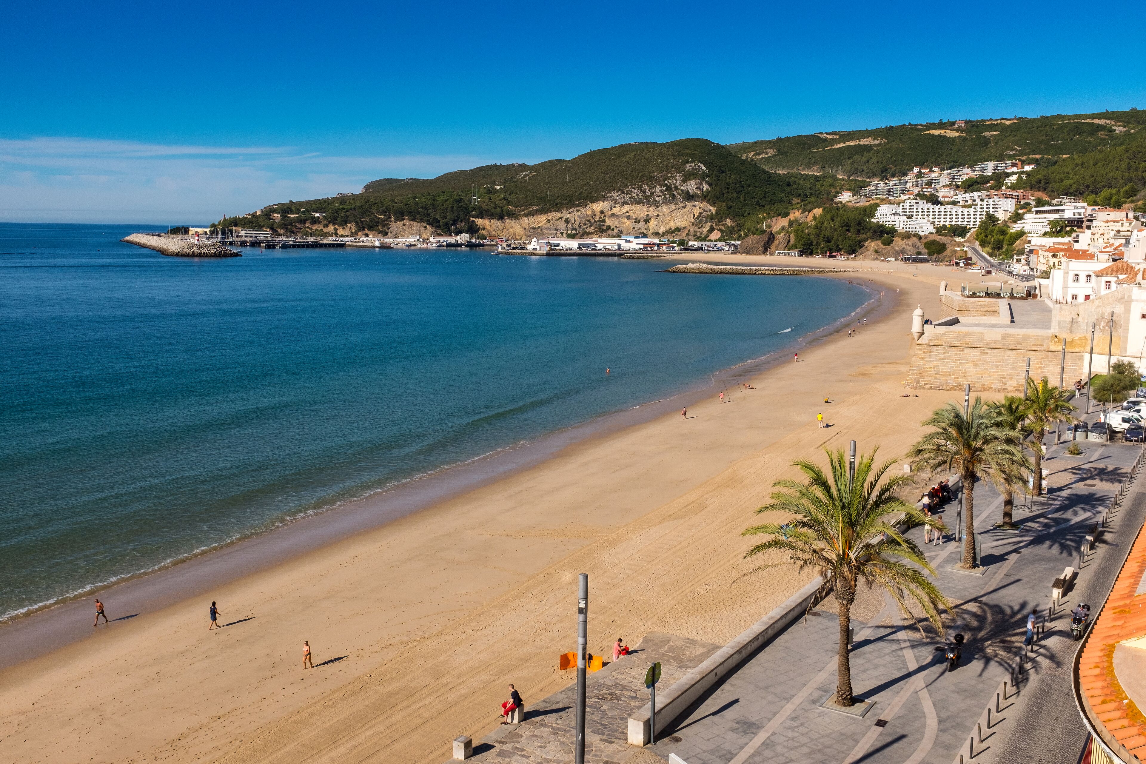 A beach with a clear view of the sea, a sandy shore, and a few people walking. There are buildings in the background and palm trees along the promenade.