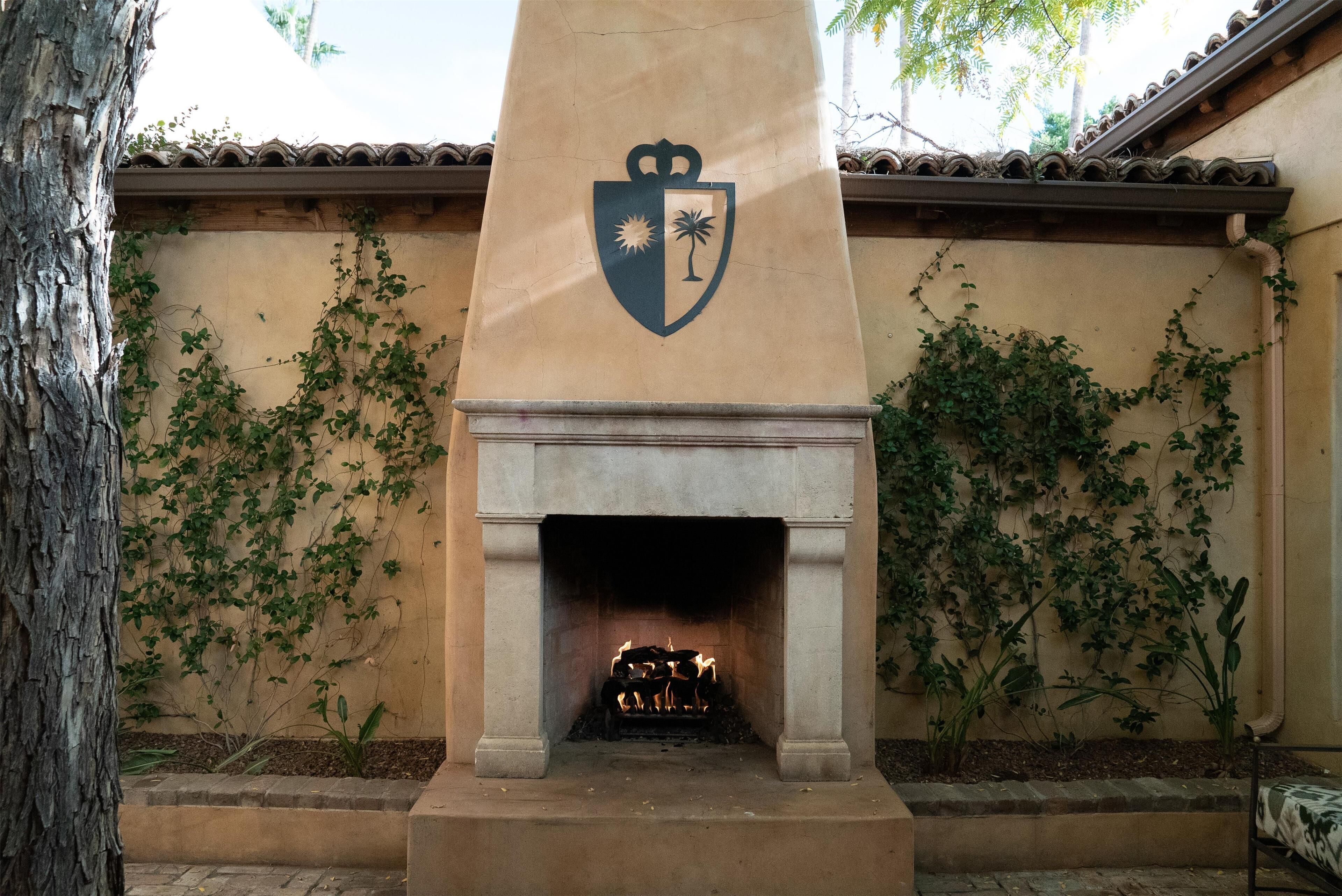 A stone fireplace with a crest emblem, surrounded by climbing plants.