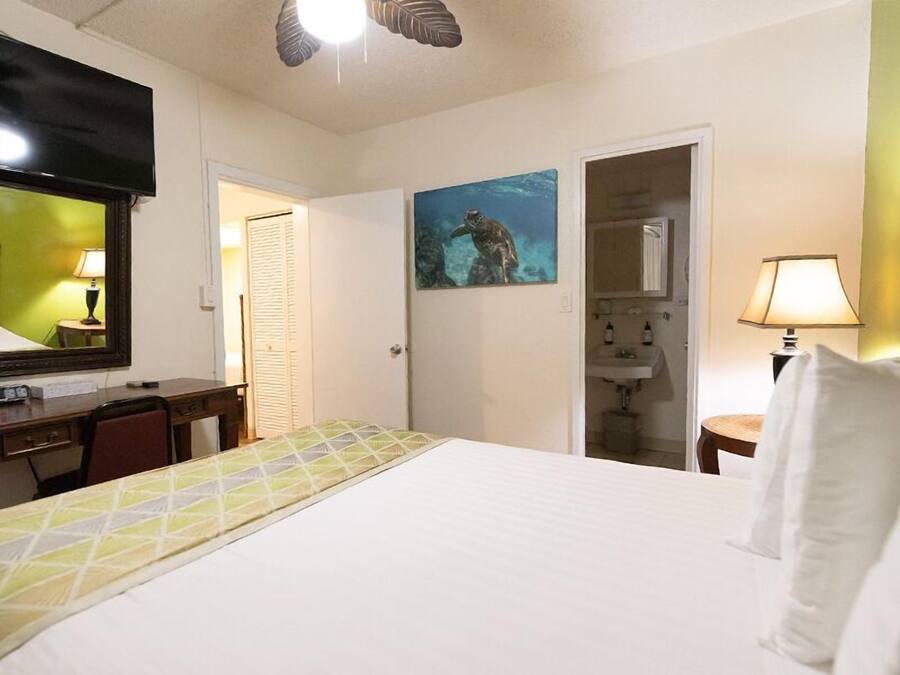 Ein Hotelzimmer mit einem Bett, einem Schreibtisch mit Lampe, einem Gemälde, einem Badezimmer und einem Deckenventilator.