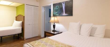A hotel room with a large bed, a smaller bed, a nightstand with a lamp, a painting of a waterfall, and a closet with sliding doors.