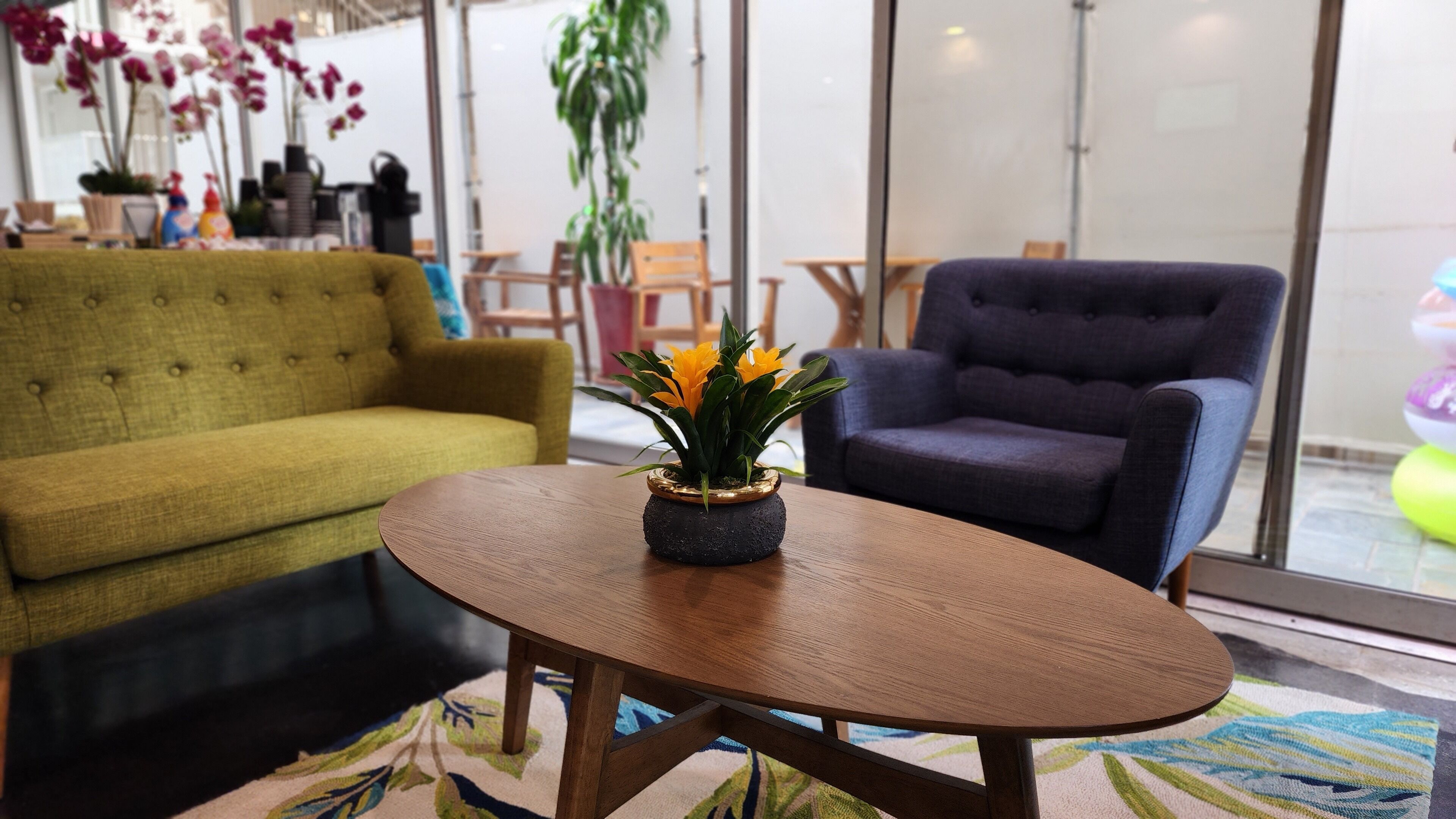 Una sala de estar moderna con un sofá verde, un sillón azul y una mesa de centro de madera con una planta.