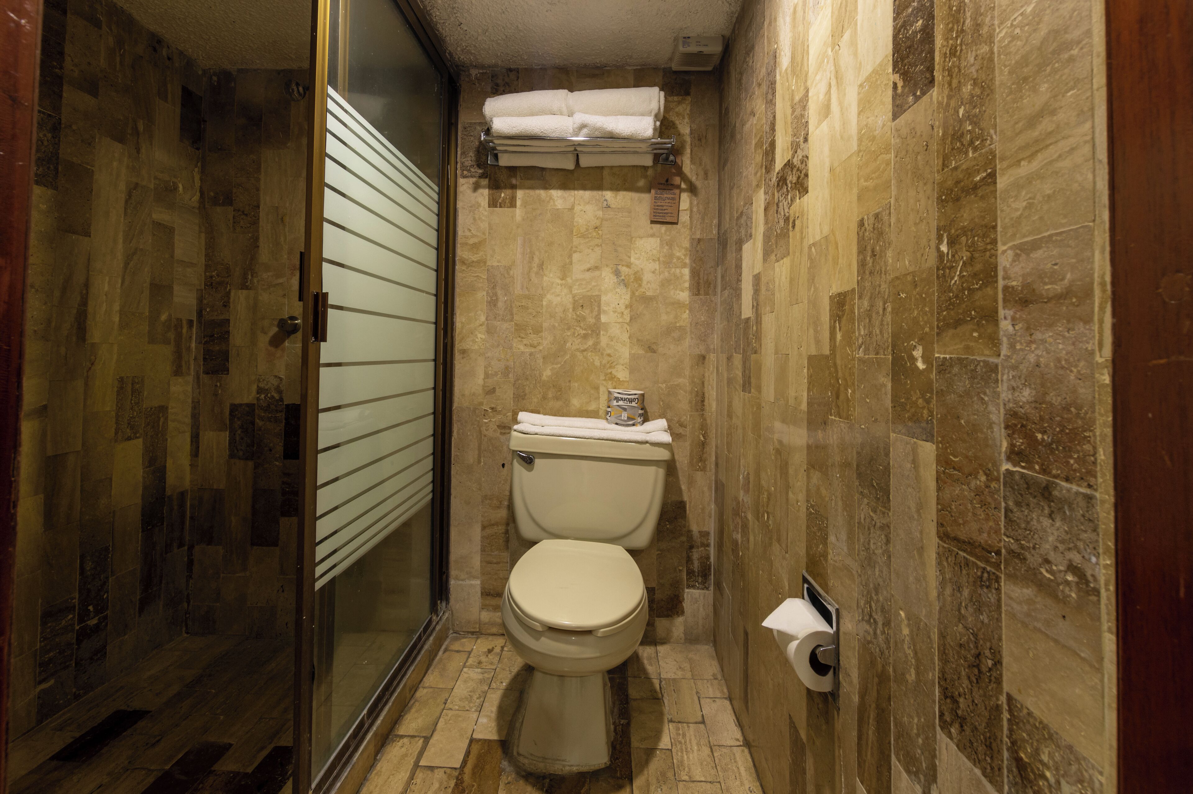 A small bathroom with a toilet, a towel rack, and a shower area.