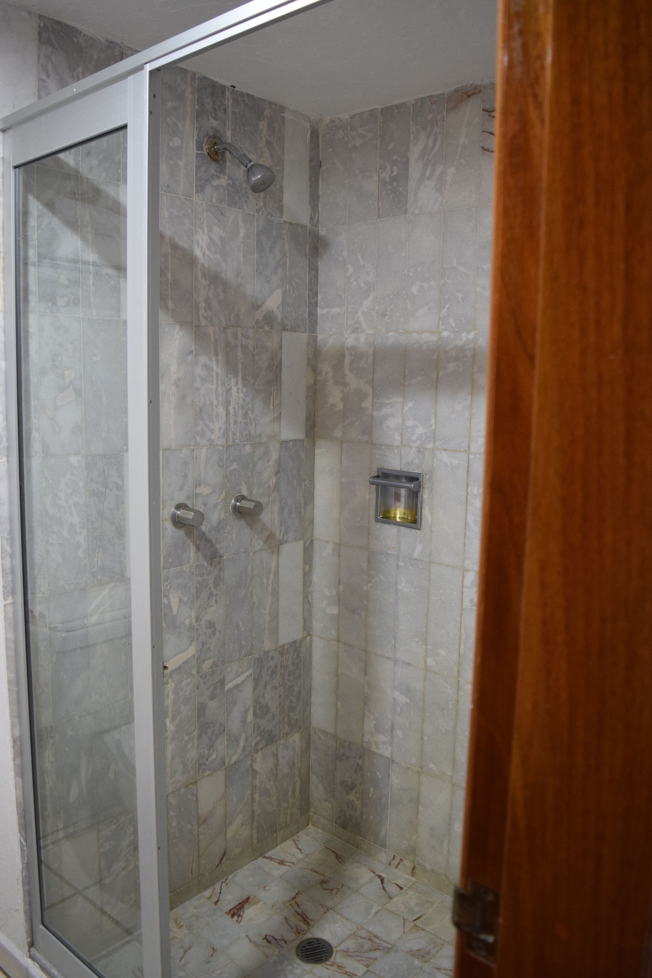 Um chuveiro de entrada livre com porta de vidro, paredes revestidas de azulejo e um chuveiro.