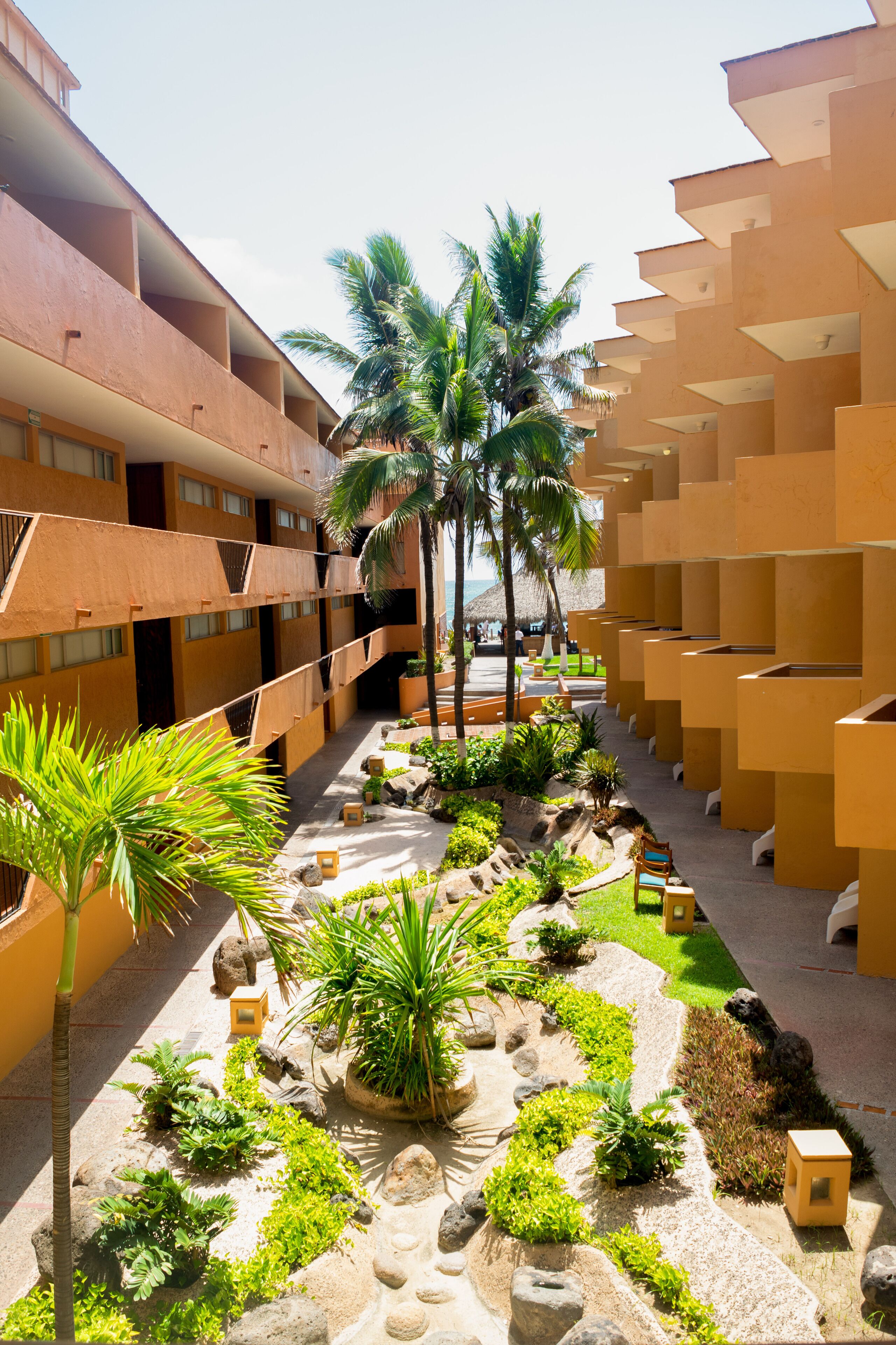 Pátio de hotel com caminho central, palmeiras e área de piscina.