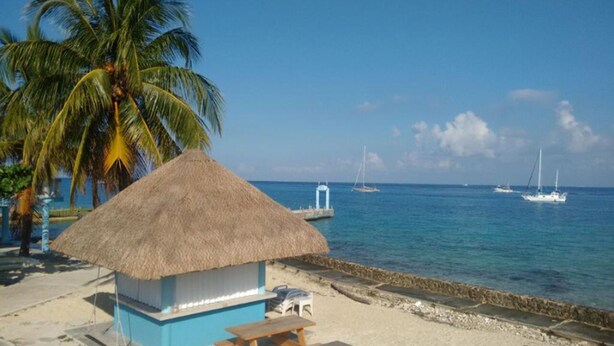 A beach with a thatched-roof hut, palm trees, and a clear blue sea with sailboats. - Villablanca Garden Beach Hotel (Cozumel)