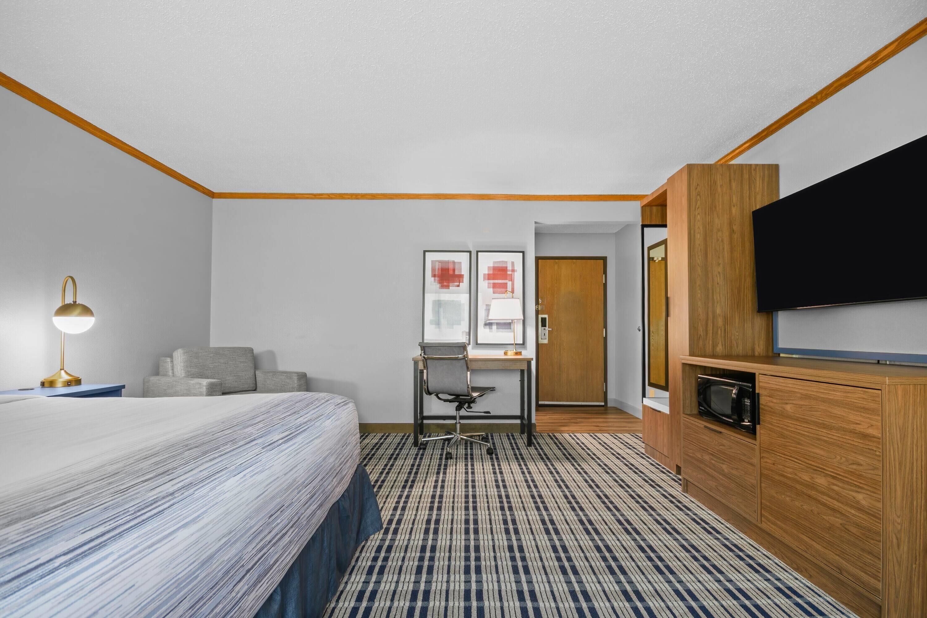 A hotel room with a bed, desk, chair, TV, and a microwave.