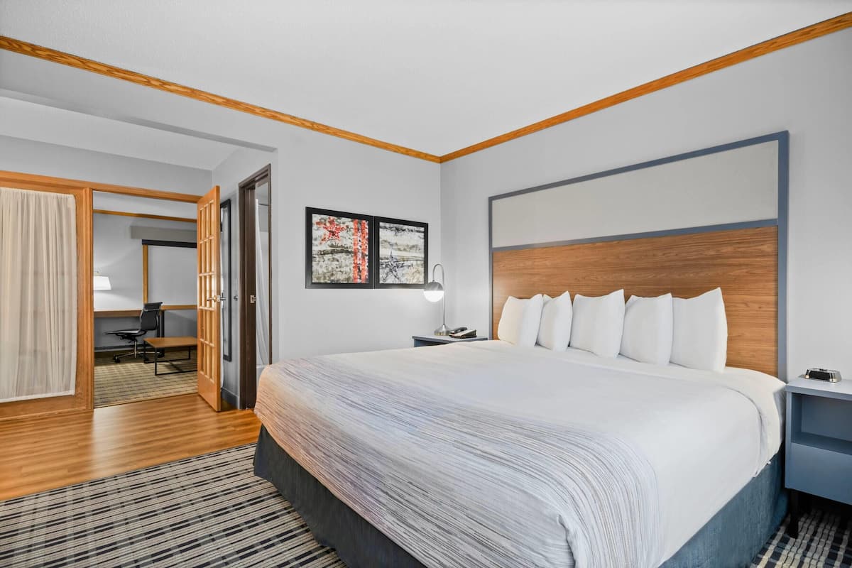 Habitación de hotel moderna con una cama grande, suelo de madera, un escritorio con silla y un cuadro en la pared.